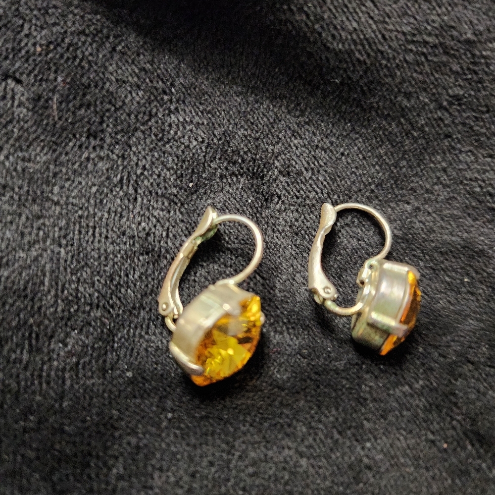Silver Tone Lever-Back Earrings with Citrine Colored Stones